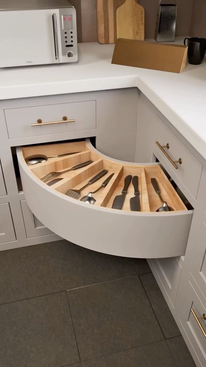 8 Corner Cabinet Ideas for Kitchens That Actually Work 6 A curved wooden cutlery drawer pulled out from a grey corner kitchen cabinet.