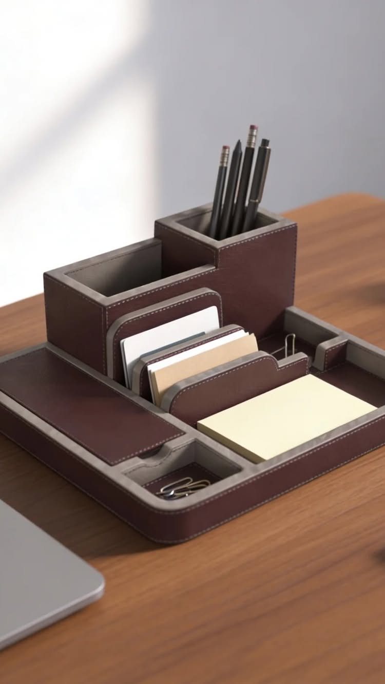A brown leather desk organizer with multiple compartments holding pens and stationery on a wooden desk.
