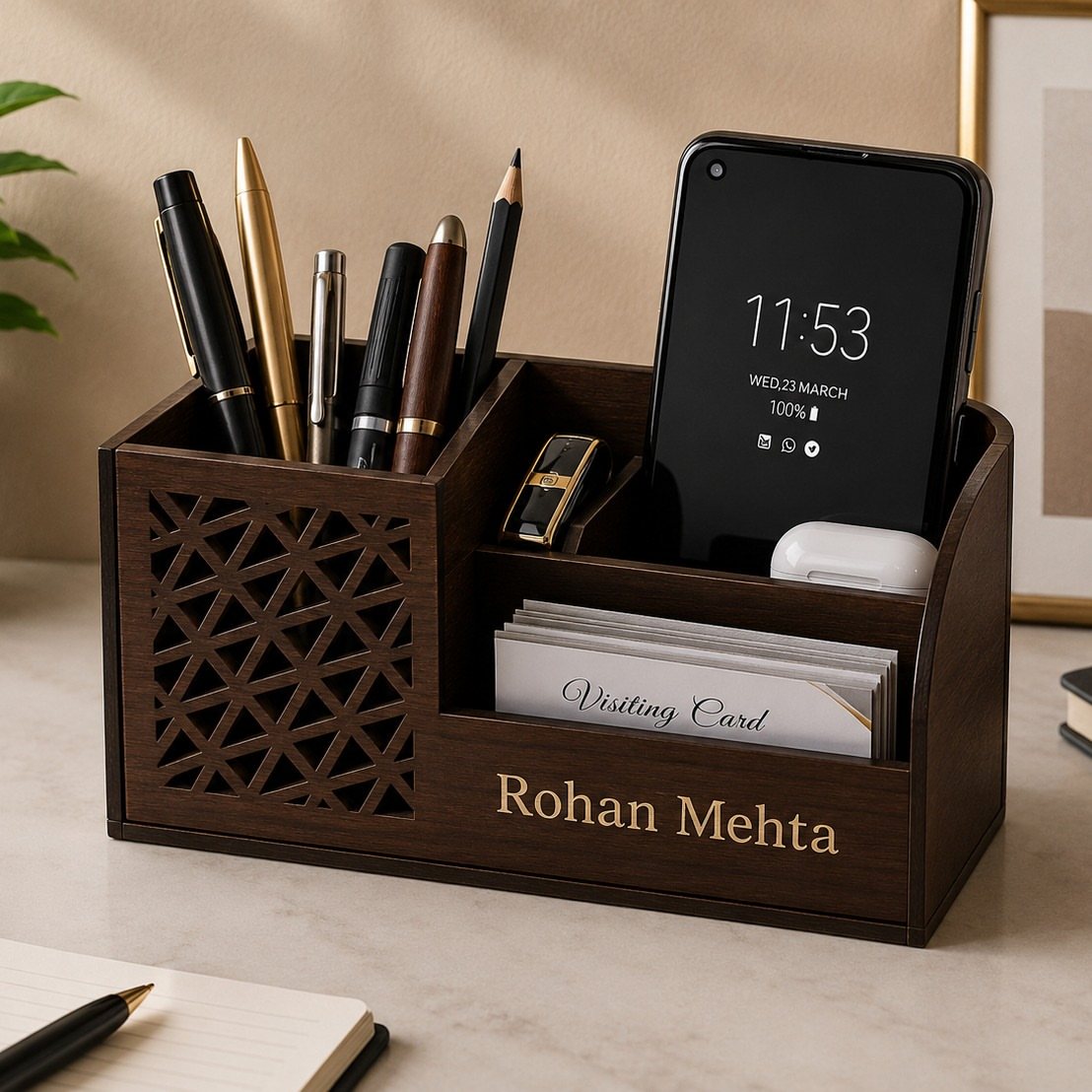 Dark wood desk organizer engraved with a name holding pens, a smartphone, and business cards.