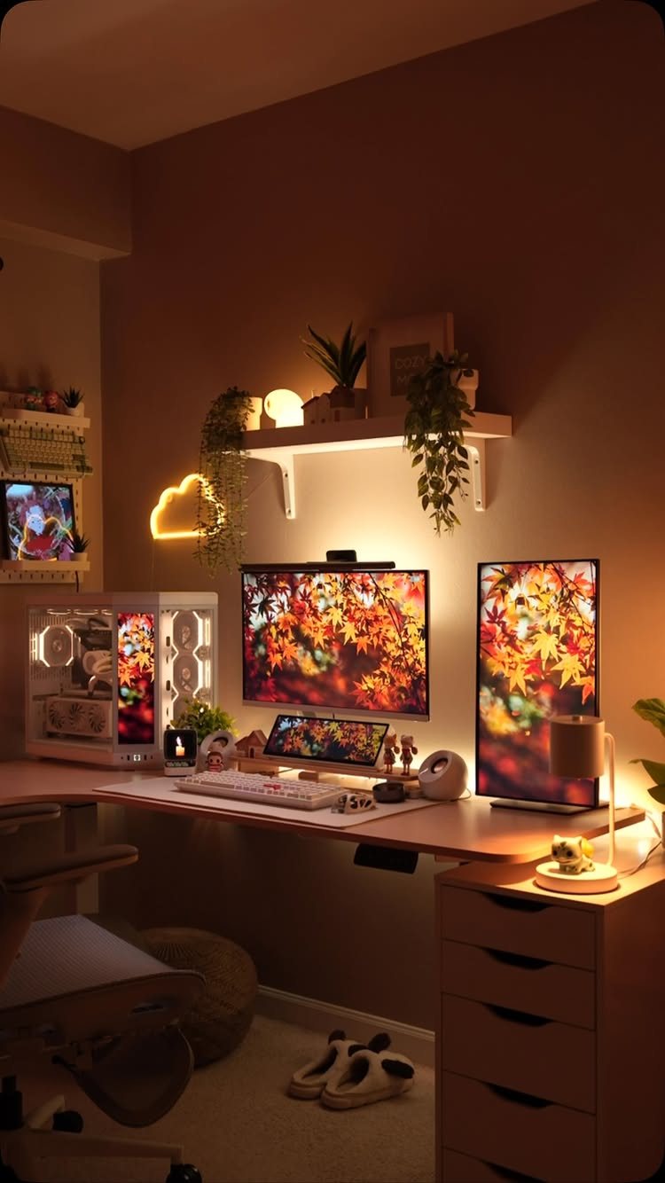 A cozy desk setup with warm lighting, autumn leaf wallpapers, and hanging plants in a dim room.