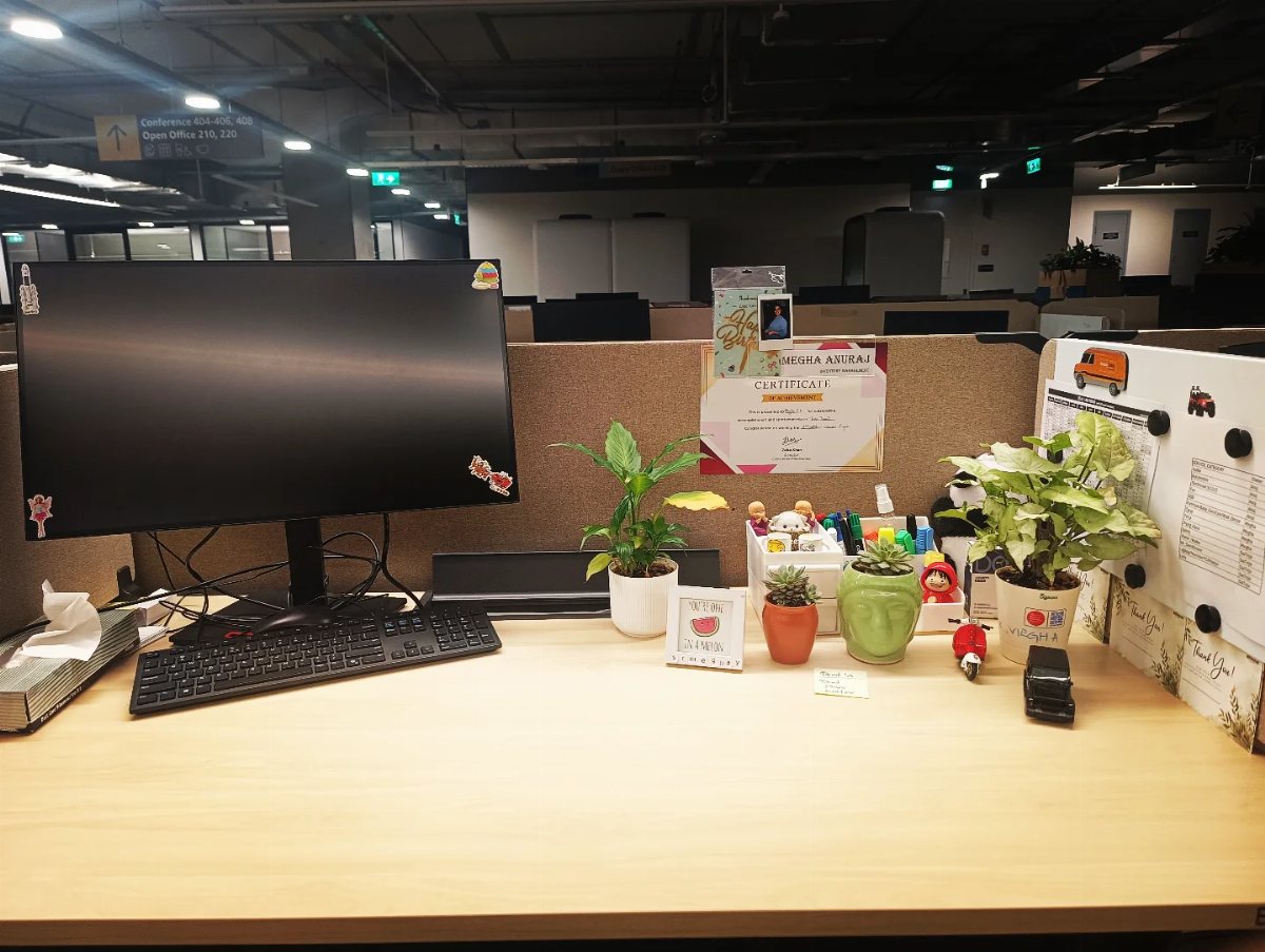 Small potted green plants arranged on a wooden office desk next to a computer monitor.