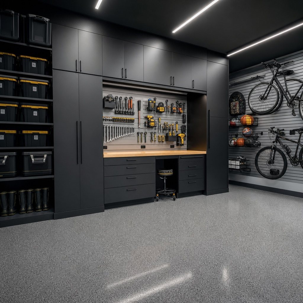 A modern dark grey garage with organized cabinets, a tool workbench, and bicycles mounted on slatwalls.
