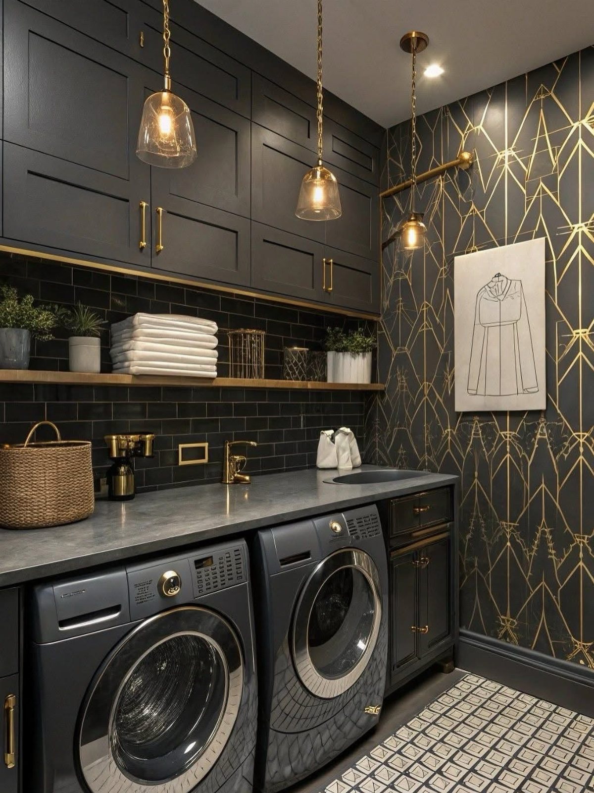 17 Laundry Room Ideas for Storage, Style and Smarter Layouts 6 Dark laundry room with black geometric patterned wallpaper and gold accents.