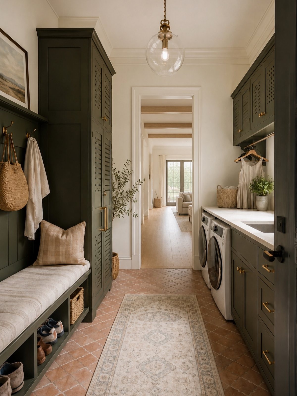 17 Laundry Room Ideas for Storage, Style and Smarter Layouts 11 Dark green mudroom bench and laundry cabinets lining a hallway with terracotta tile flooring.
