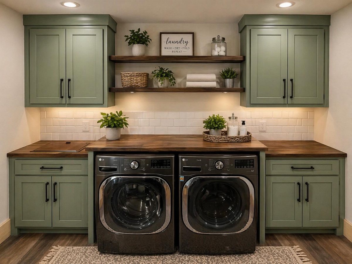 17 Laundry Room Ideas for Storage, Style and Smarter Layouts 3 Sage green laundry room cabinets with wooden floating shelves and a matching countertop above washing machines.