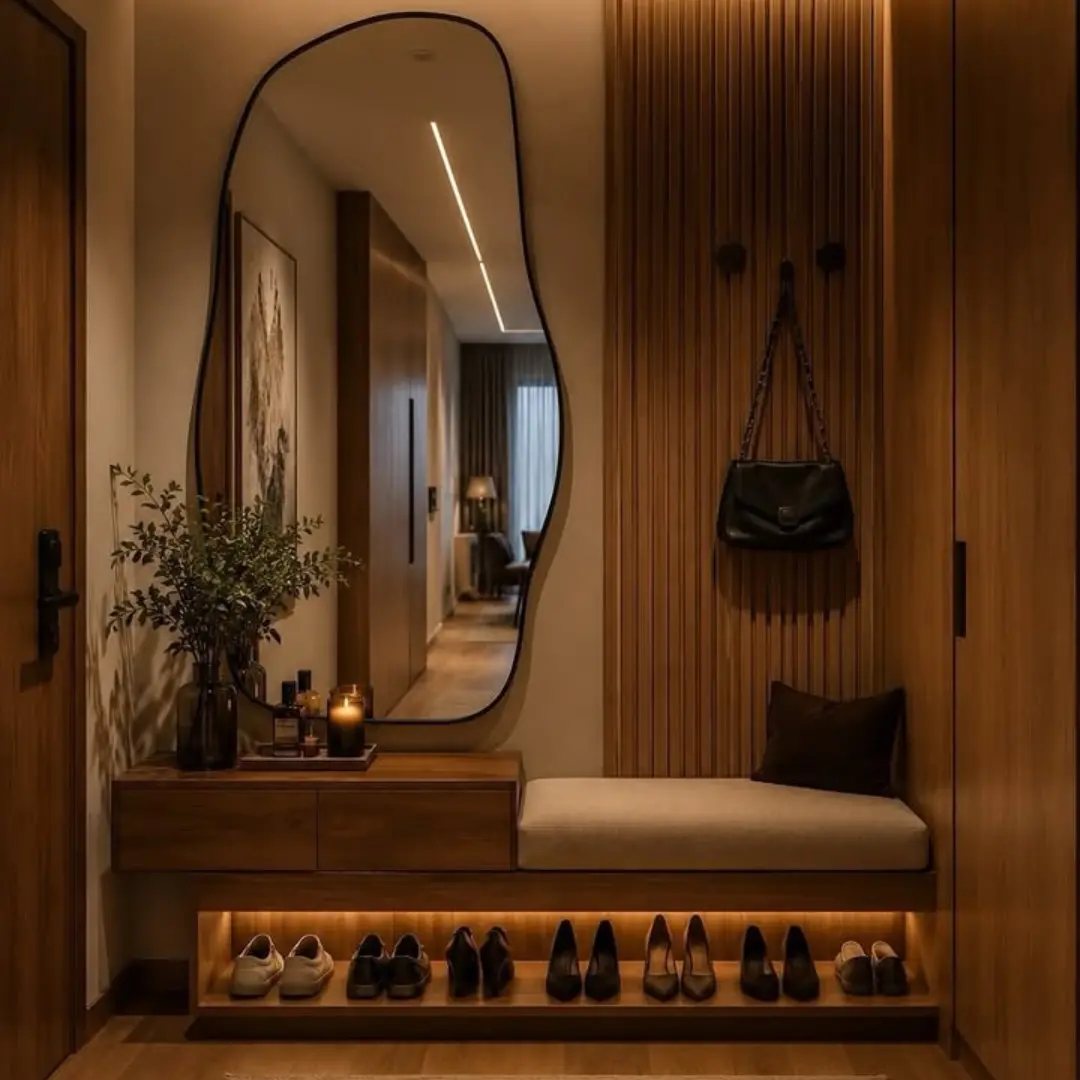 17 Mudroom Ideas for Entryways That Actually Work in 2026 16 Large organic-shaped mirror reflecting a hallway in a modern wooden mudroom setting.