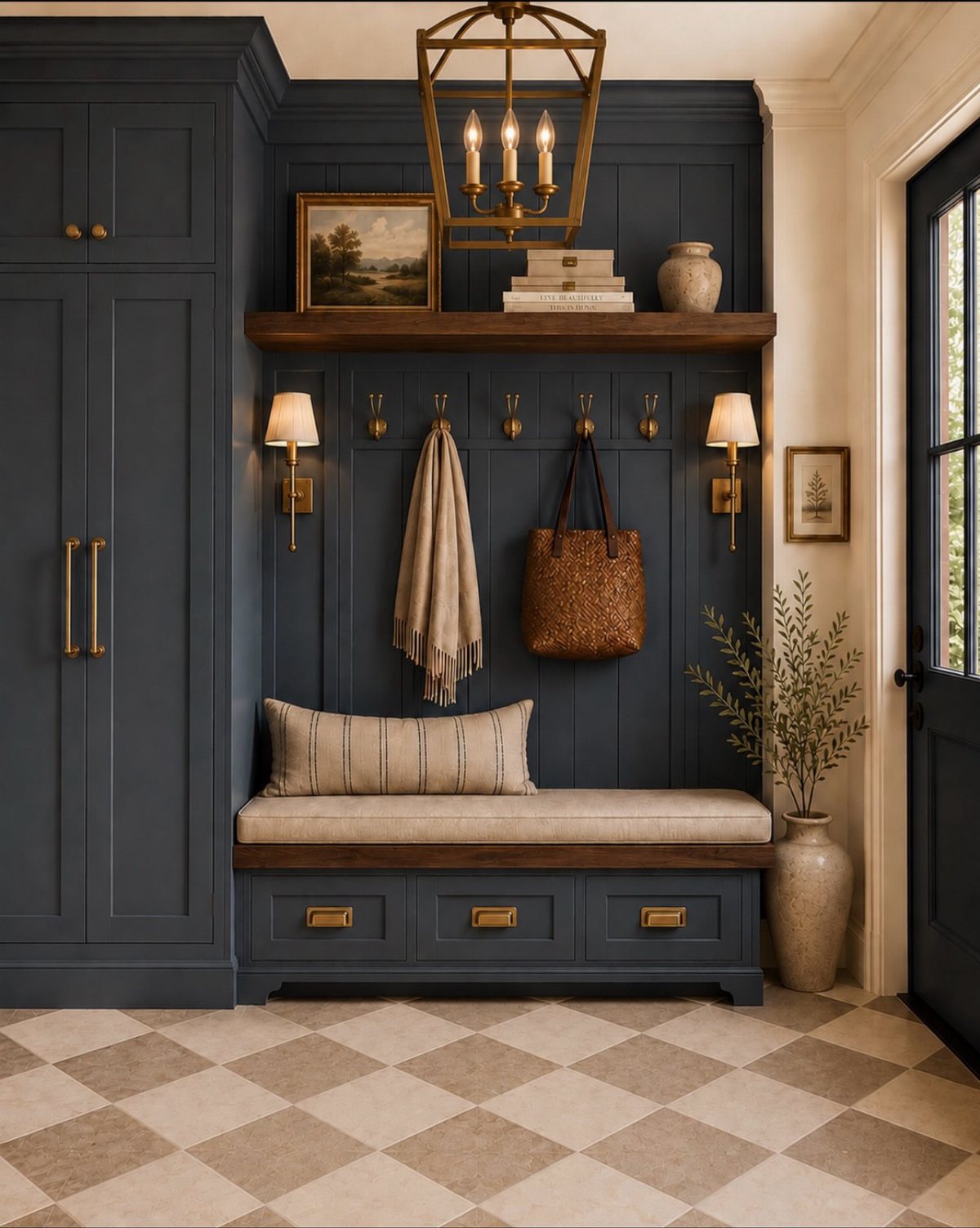 17 Mudroom Ideas for Entryways That Actually Work in 2026 1 Dark blue mudroom bench with storage drawers, wooden shelf, and checkered tile flooring.