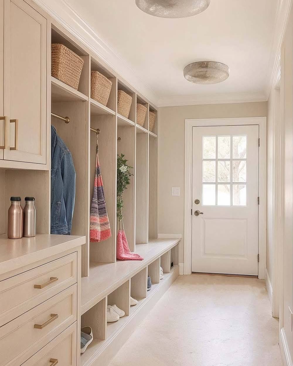 17 Mudroom Ideas for Entryways That Actually Work in 2026 4 Built-in mudroom storage featuring bench seating, hanging hooks, and lower cubbies for shoe organization.