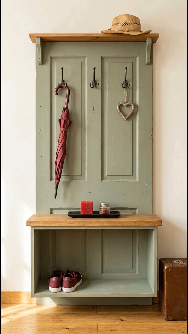 17 Mudroom Ideas for Entryways That Actually Work in 2026 15 Repurposed sage green door used as a wall-mounted mudroom organizer with hooks and shelving.