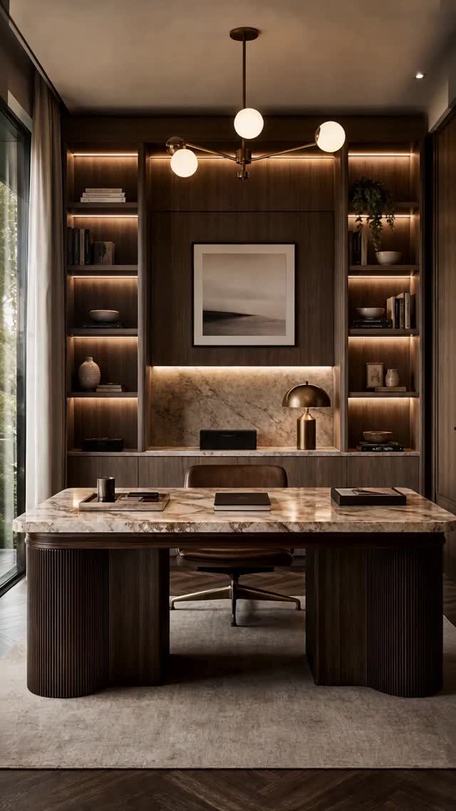 Built-in wooden shelving with integrated lighting displays books and decor behind a marble desk.