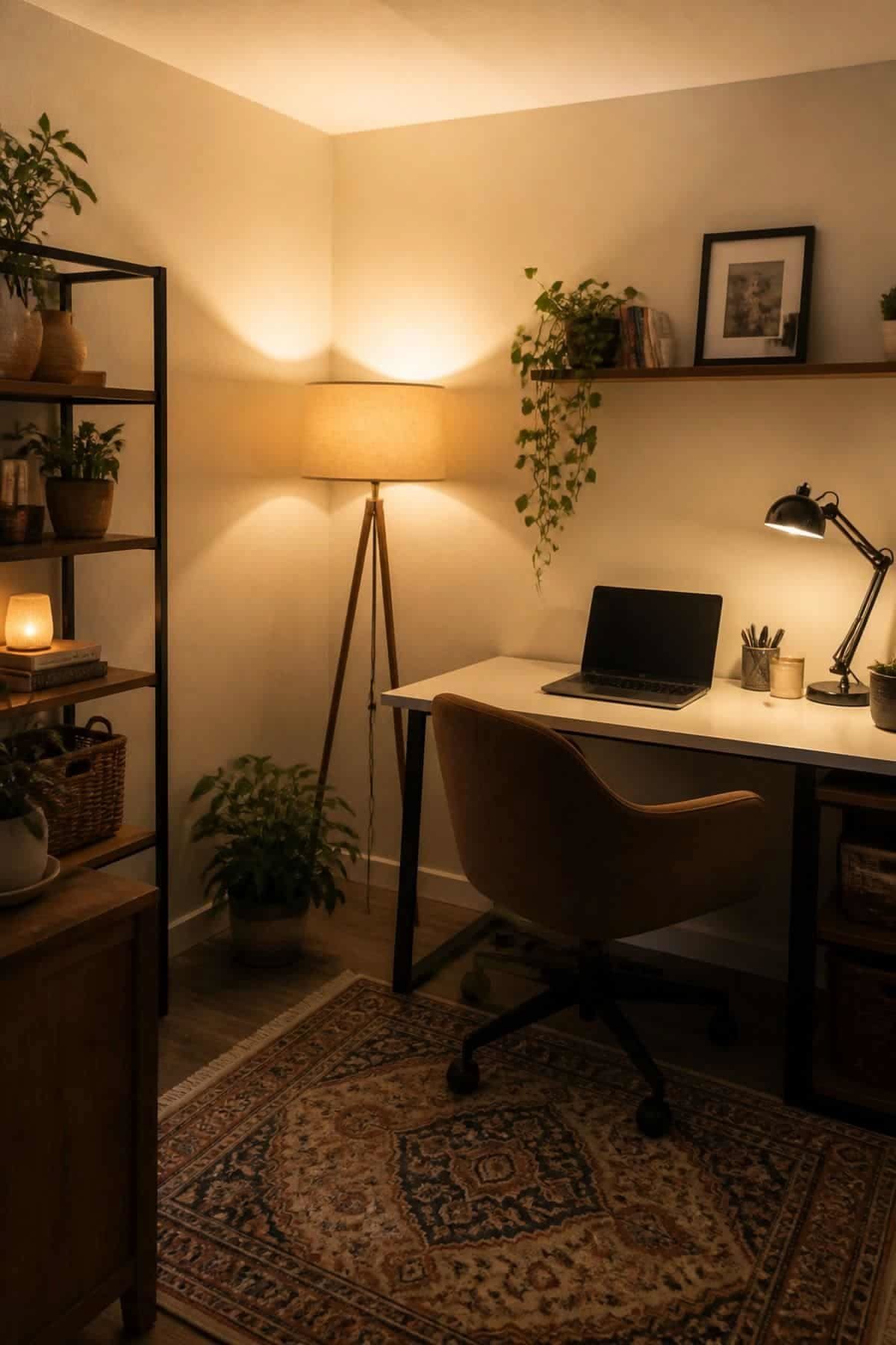 A home office setup with a desk, chair, tripod floor lamp, and desk lamp.