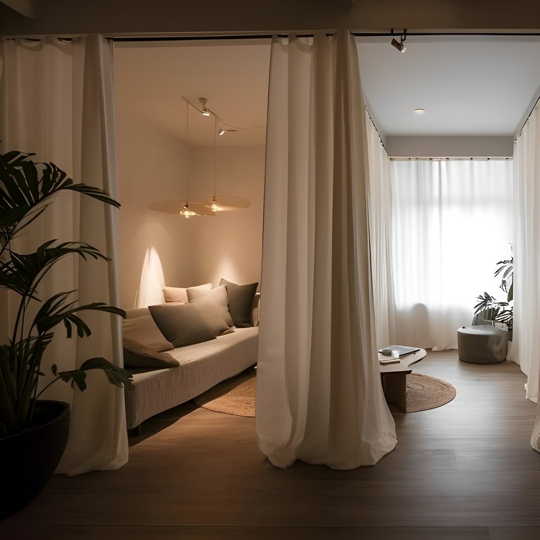 White floor-to-ceiling curtains hanging from a ceiling track to divide a modern living room.