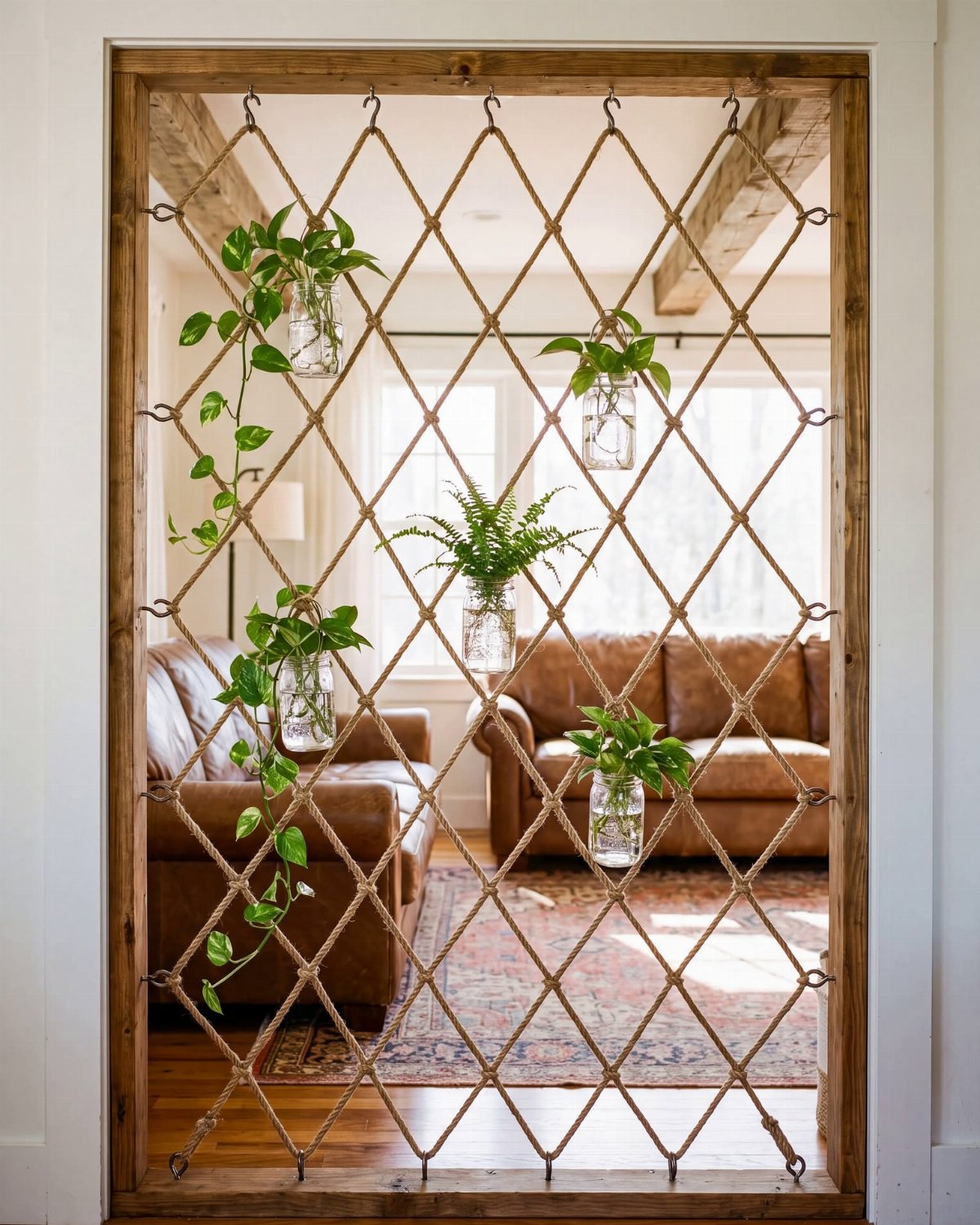 A wooden rope lattice room divider with hanging glass plant jars in a living room.