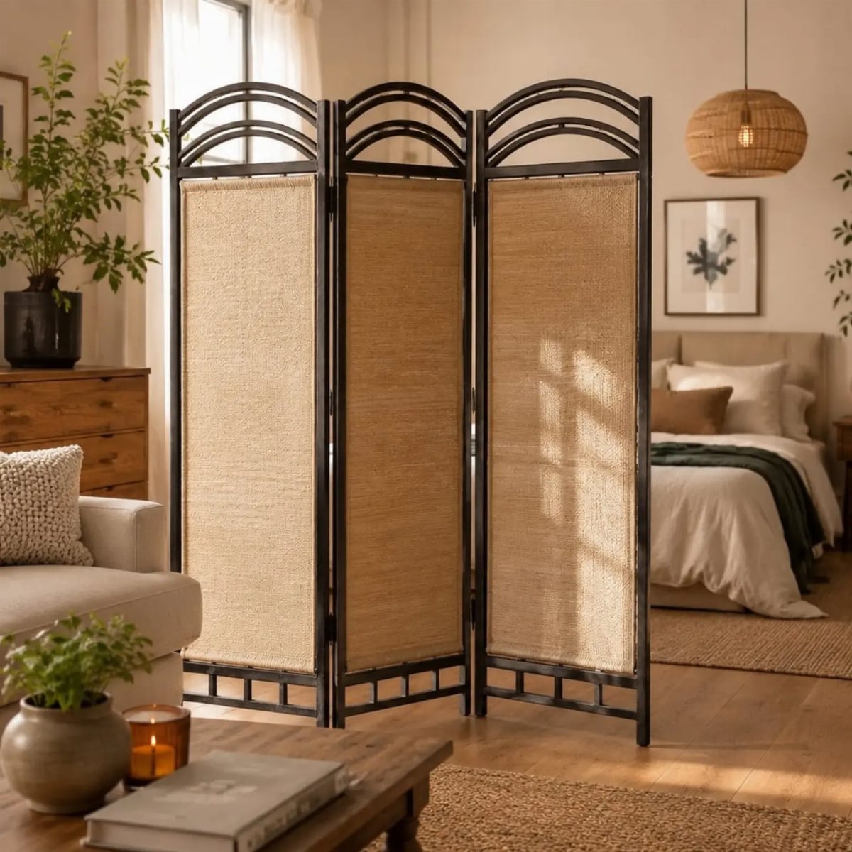 A three-panel folding room divider with black metal frames and woven beige panels in a living room.