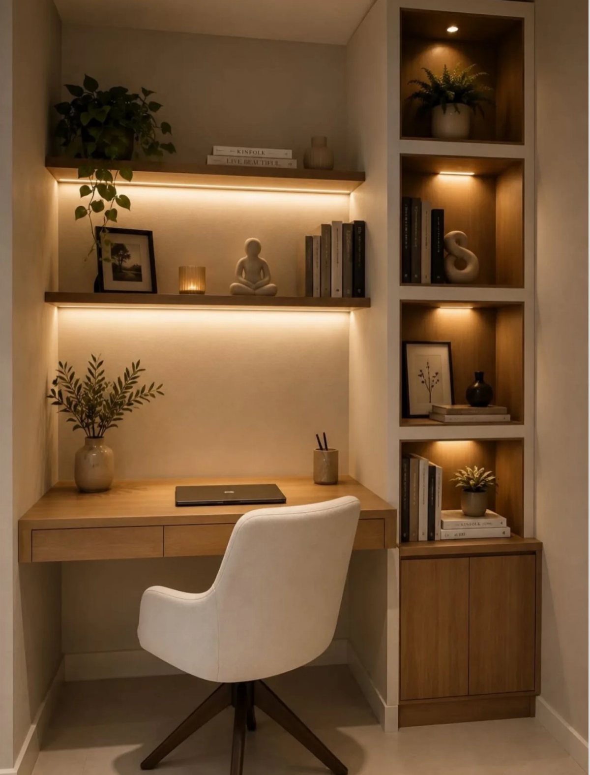 A small wooden desk setup with warm lighting, books, plants, and decorative items on shelves.