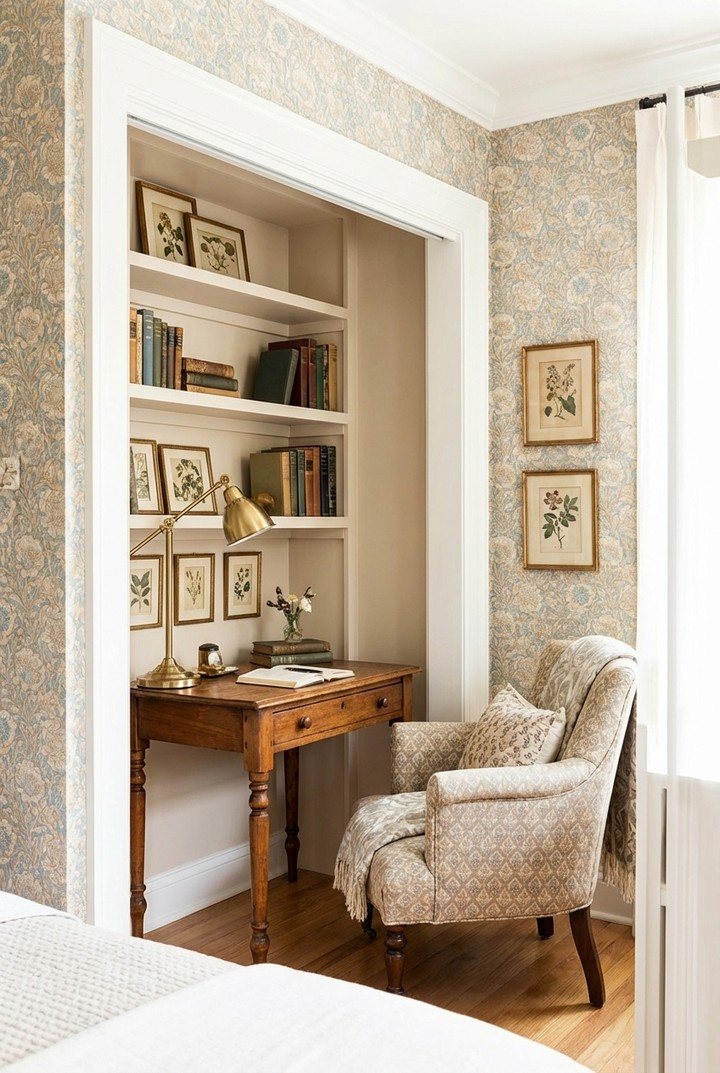 Wooden desk and armchair tucked into a recessed wall nook with built-in bookshelves and botanical art.
