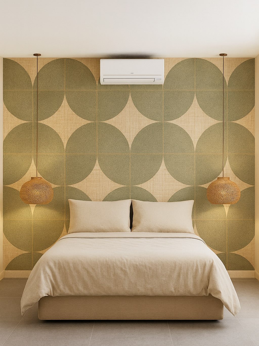 Bed with neutral linens against a wall with large sage green geometric circle patterns.