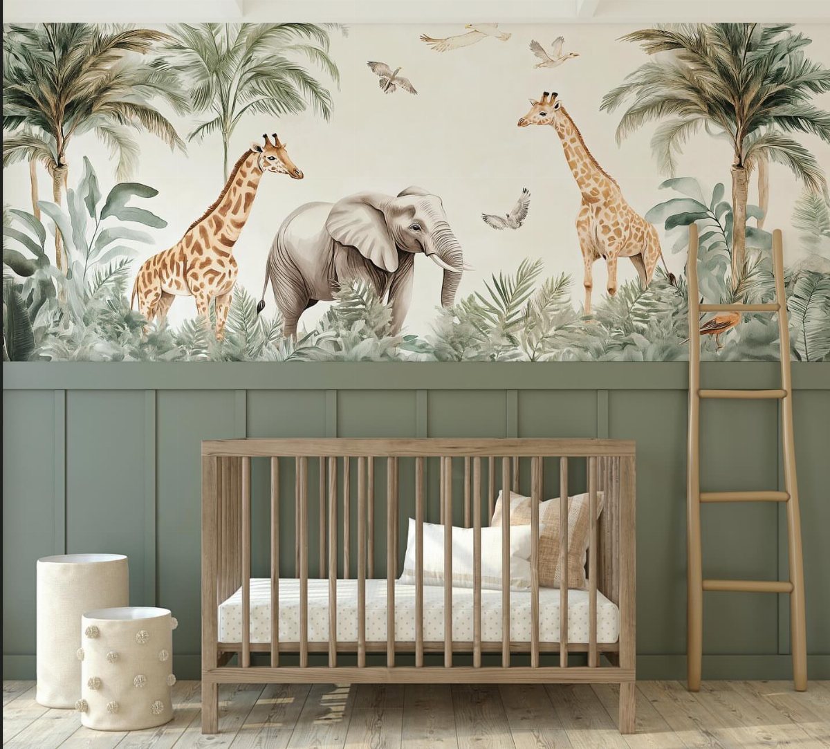 A nursery room with a jungle animal mural, a wooden crib, and sage green paneled walls.
