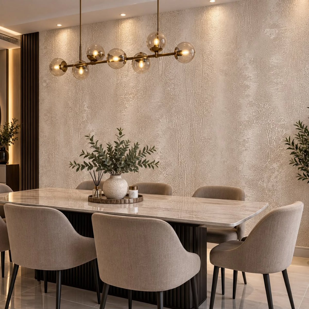 Textured beige plaster wall behind a modern dining table with marble top and beige chairs.