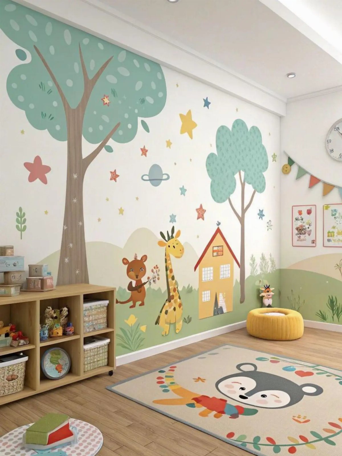 A nursery room with a large wall mural featuring trees, animals, and stars in pastel colors.