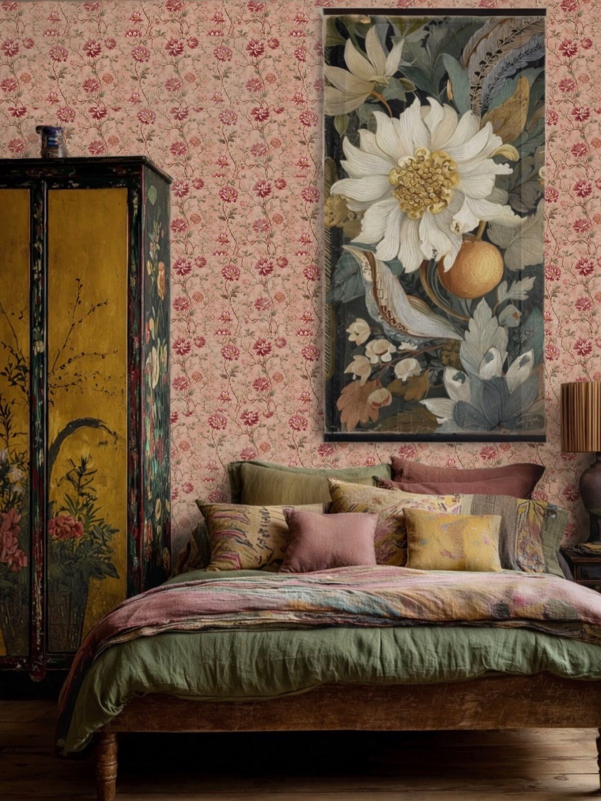 Floral patterned wallpaper covers a bedroom wall behind a bed and a vintage armoire.