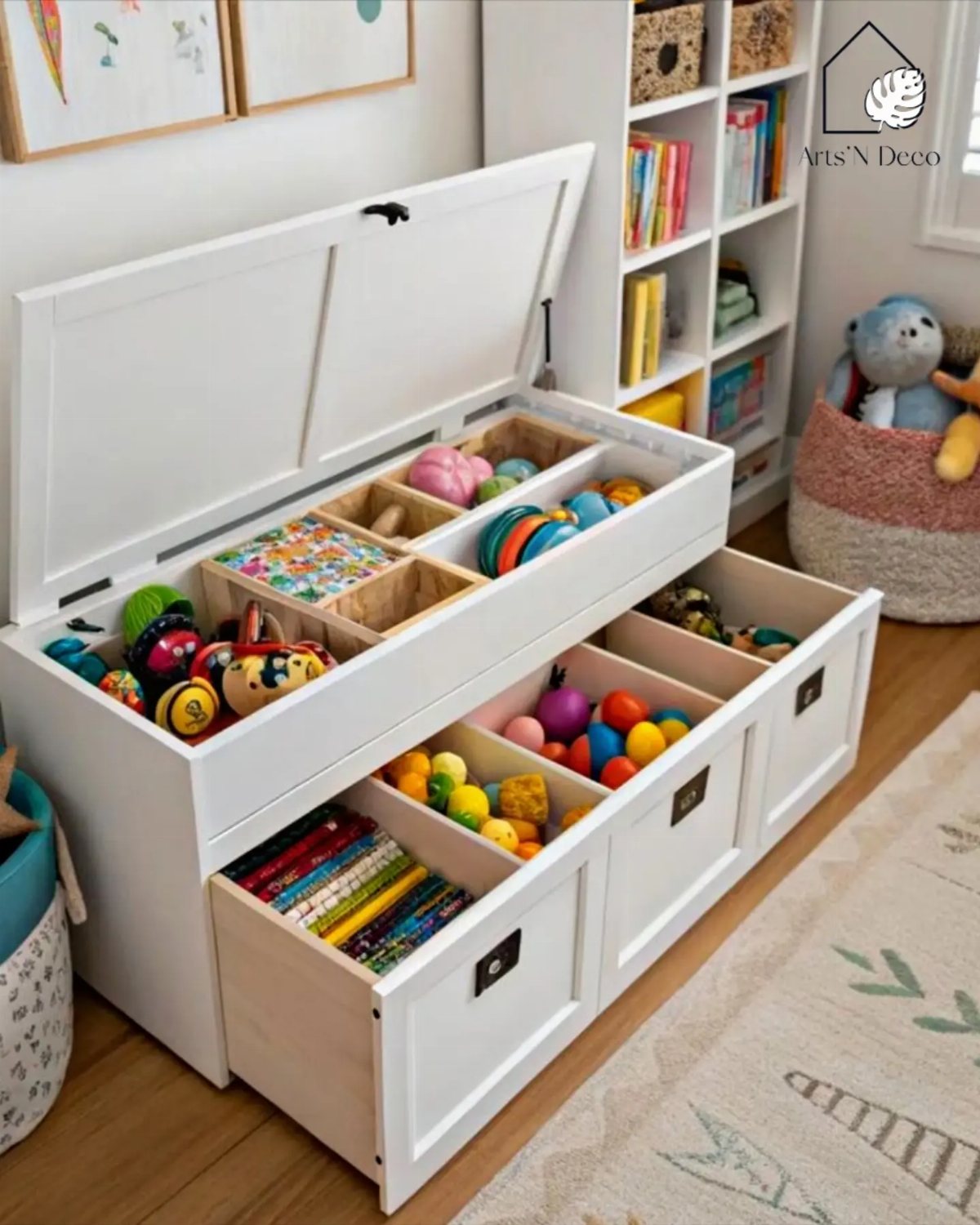 White wooden storage bench with open lid and drawers filled with colorful toys and art supplies.