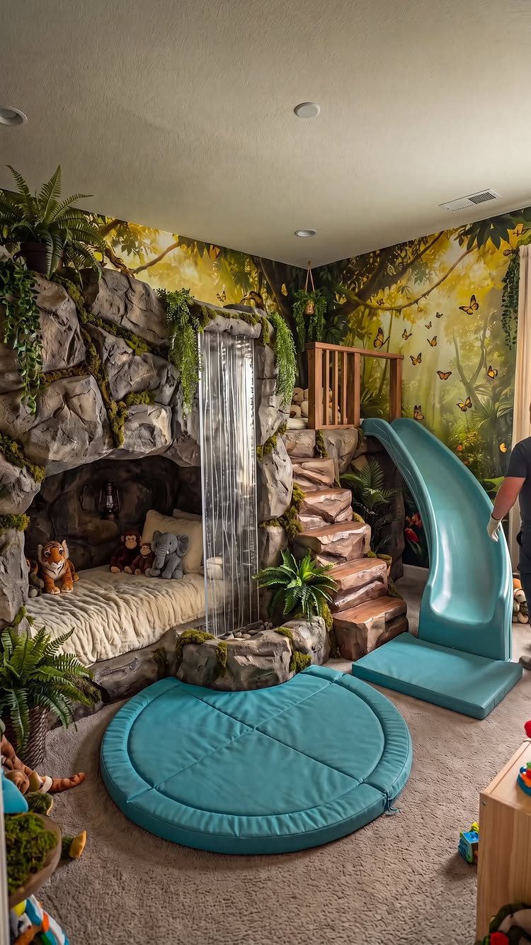 A jungle-themed playroom with a rock cave bed, indoor waterfall, and a blue slide.