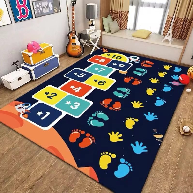 A colorful numbered stepping stone play mat on a wooden floor in a bright room.