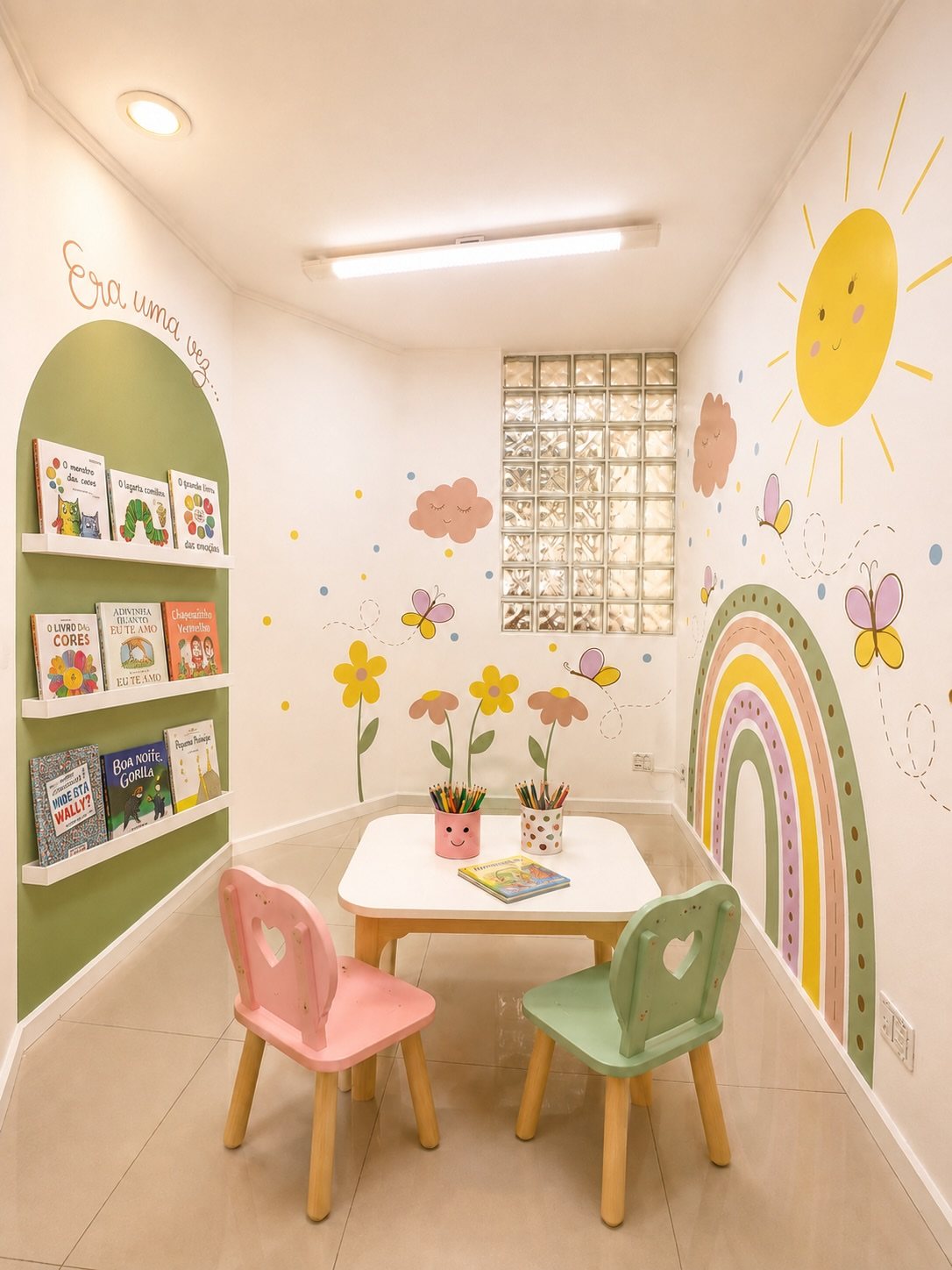 Children's playroom with colorful sun, rainbow, and flower wall murals and a small table.
