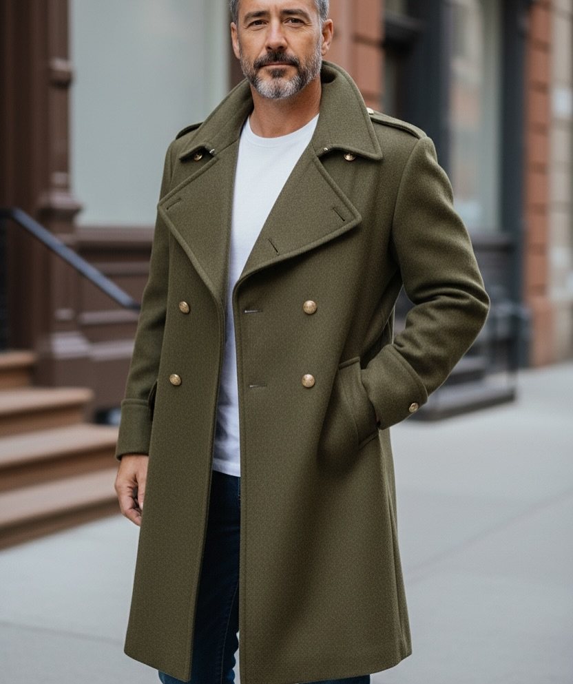 Man wearing an olive green double-breasted military-style overcoat with gold buttons and shoulder epaulettes.