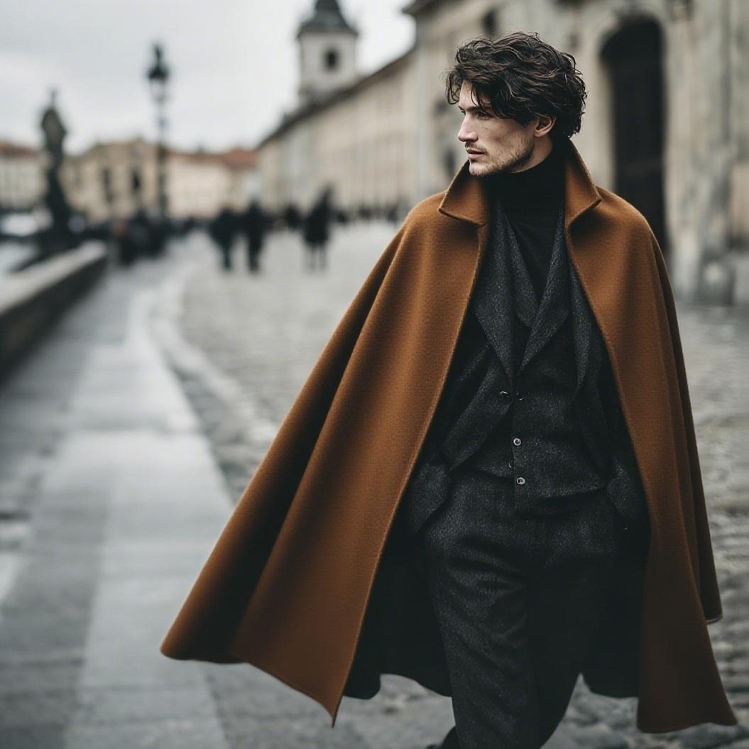 A man wearing a brown cape coat, a dark suit, and a black turtleneck on a city street.