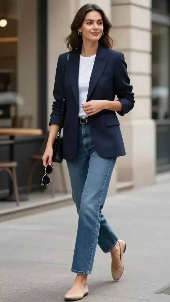 Woman walking in a navy blazer, white t-shirt, blue jeans, and beige flats.