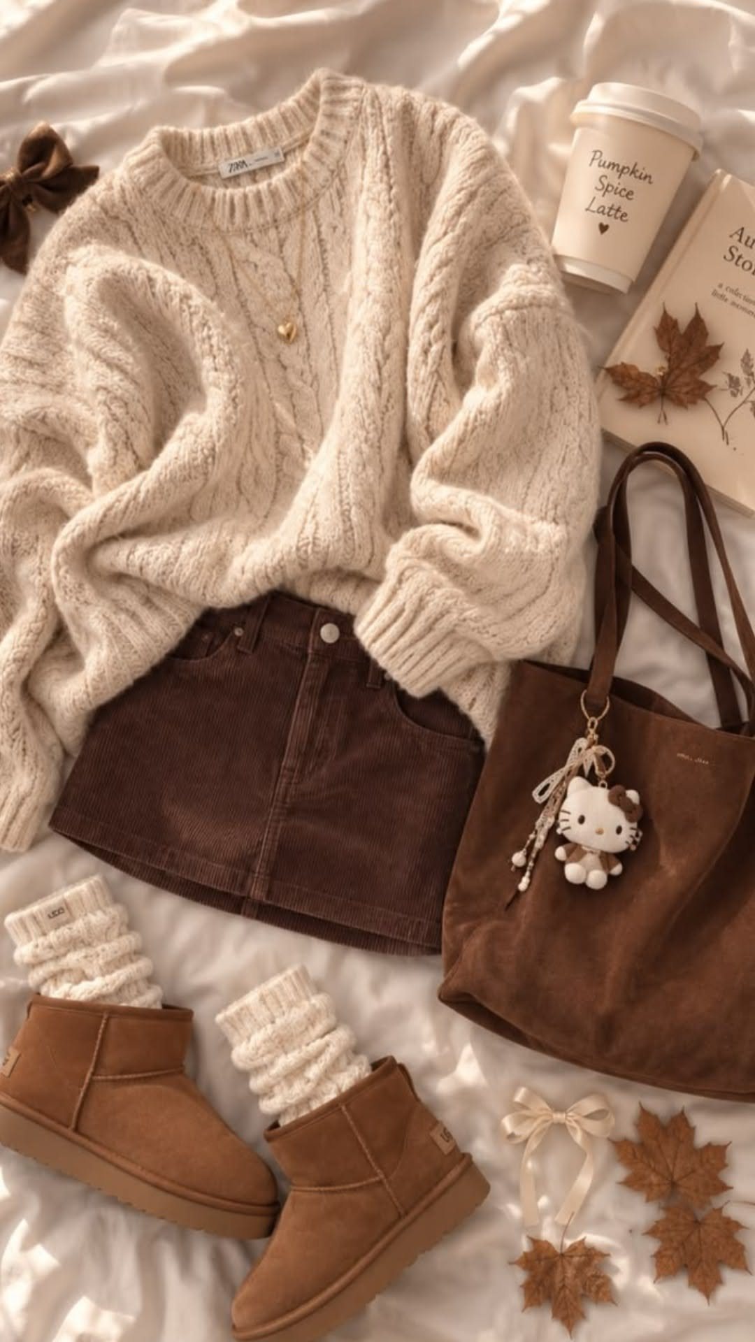 Cream cable-knit sweater, brown skirt, and tan suede boots arranged on white fabric.