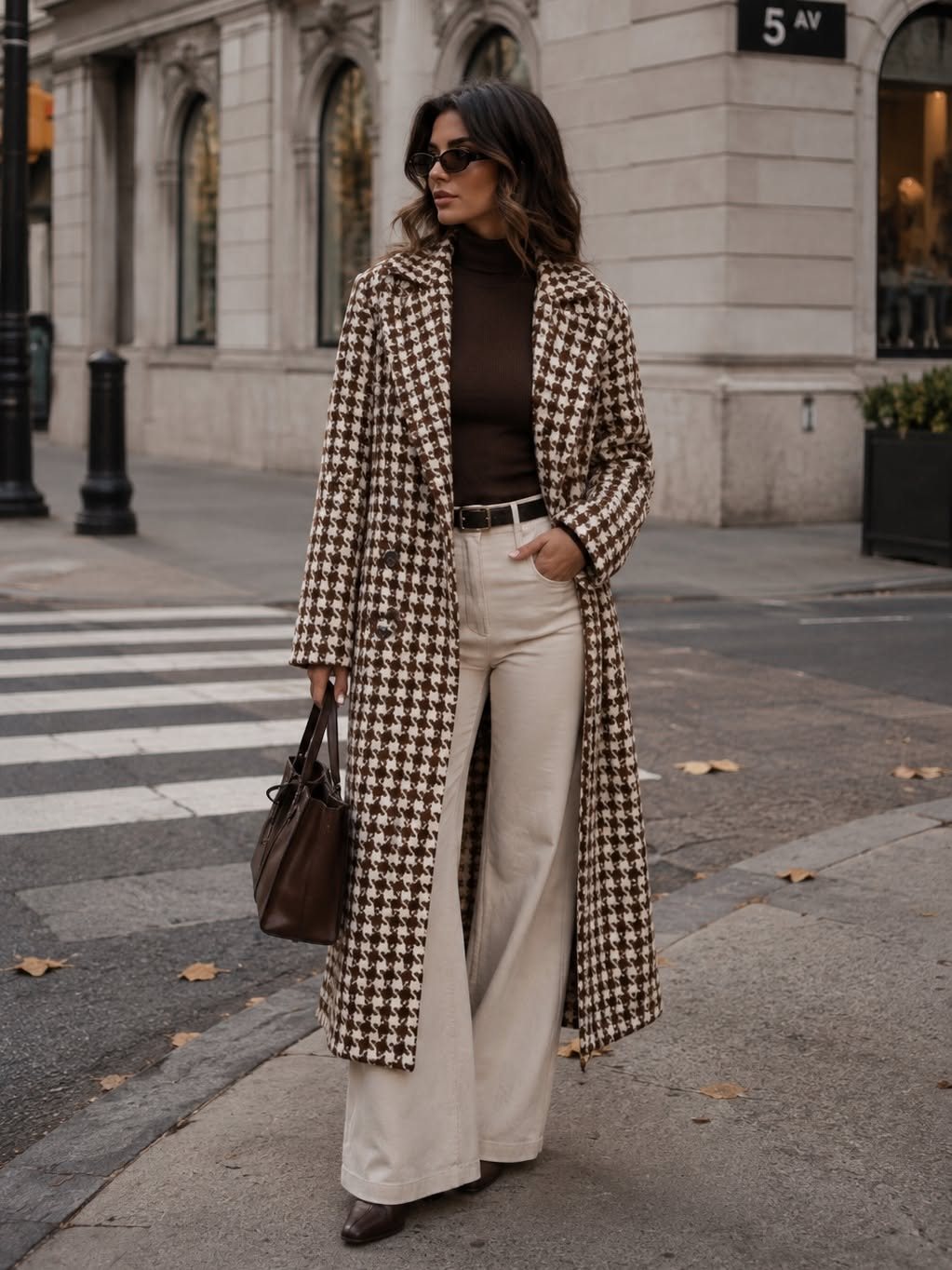 A woman in a houndstooth coat and cream trousers walking on a city street.