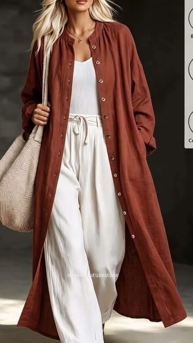 Woman wearing a long rust-colored duster coat with white trousers and a beige woven bag.