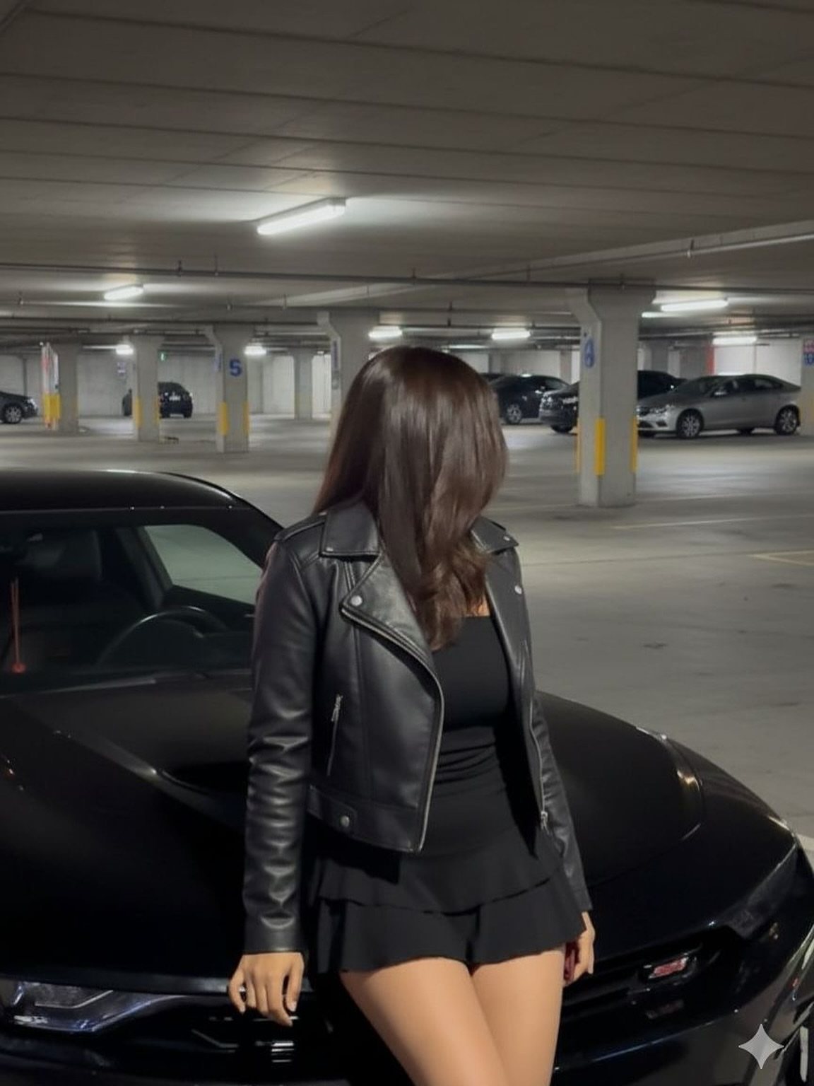 Woman in a black leather jacket and mini skirt leaning against a black car.
