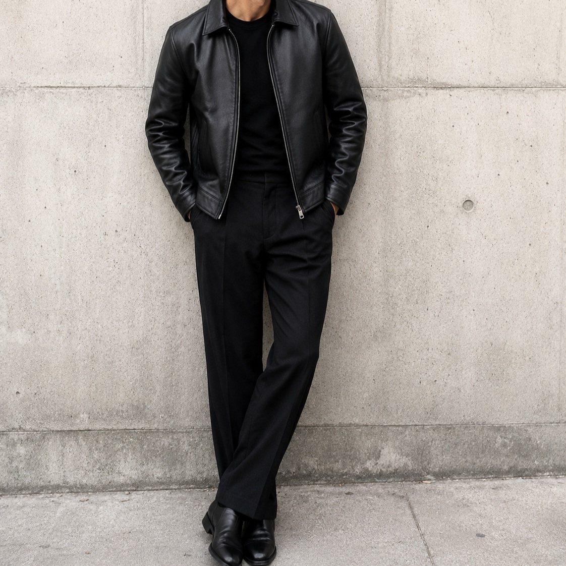 A person wearing a black leather jacket, black t-shirt, and black trousers standing against a concrete wall.