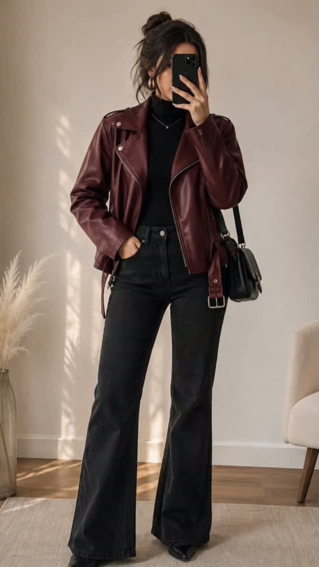 Woman in a burgundy leather jacket, black turtleneck, and black flared trousers posing for a selfie.