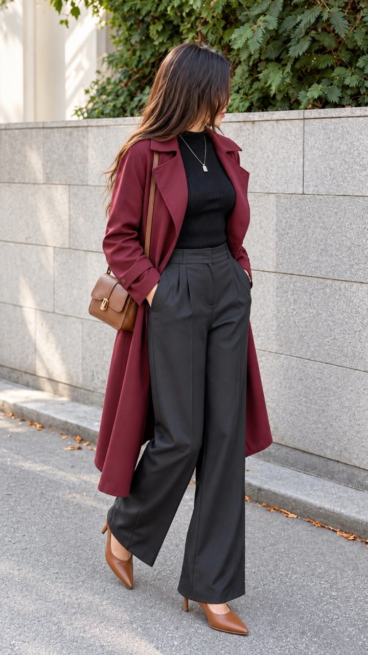 Woman wearing a long burgundy coat with a black turtleneck and black wide-leg trousers.