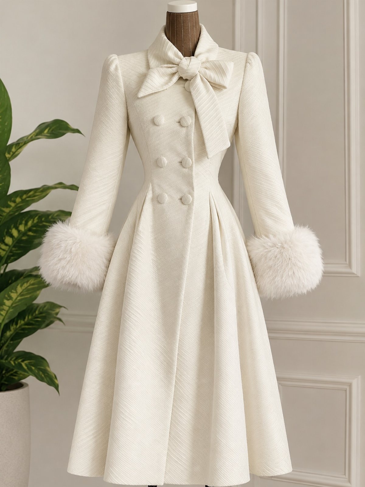 Off-white double-breasted long coat with a large neck bow and faux fur cuffs on a mannequin.