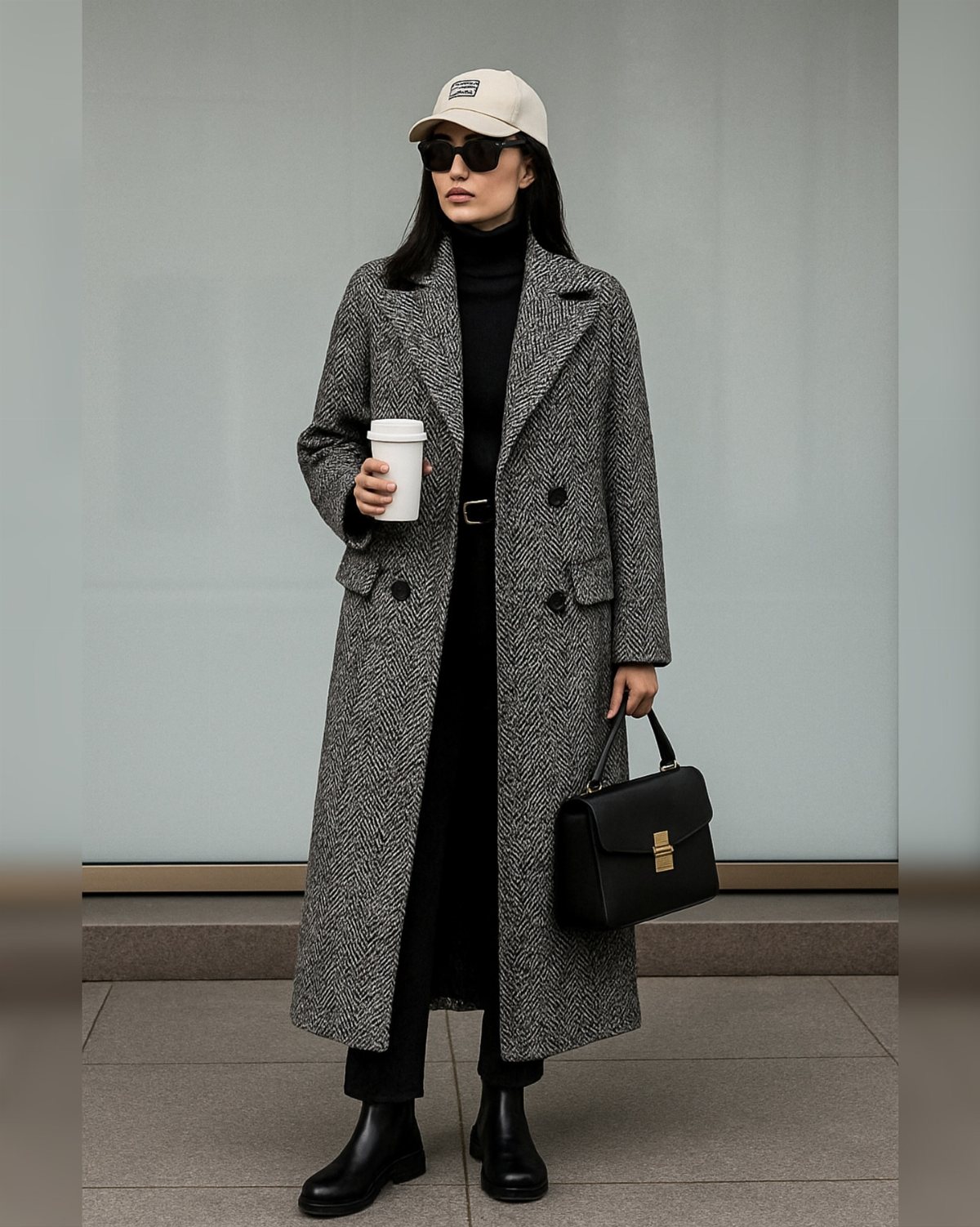 A woman in a long grey patterned coat and black turtleneck standing outdoors.