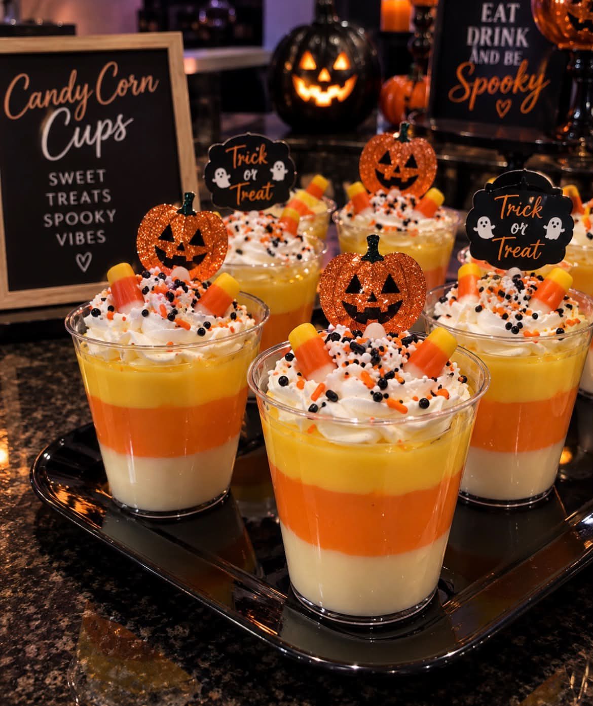 Candy Corn Jello Shots: 4 Layered Recipes for Halloween 2 Layered candy corn colored desserts topped with whipped cream and pumpkin decorations in clear cups.