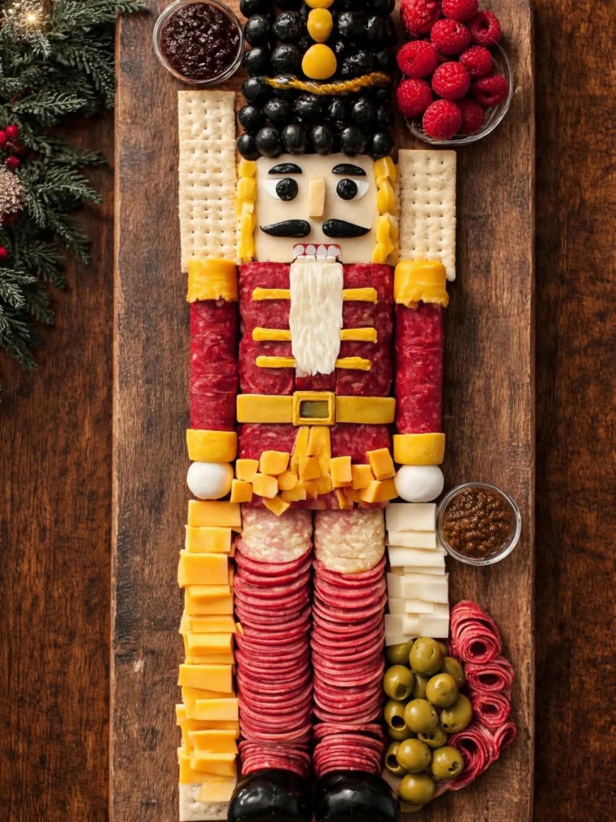 16 Christmas Charcuterie Board Ideas for Your 2026 Holiday Table 15 A charcuterie board shaped like a nutcracker using meats, cheeses, and olives on wood.