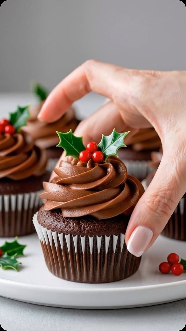 9 Christmas Cupcakes with Santa Hats, Snowmen and Reindeer 3 Chocolate cupcakes with chocolate frosting and holly decorations being picked up by a hand.