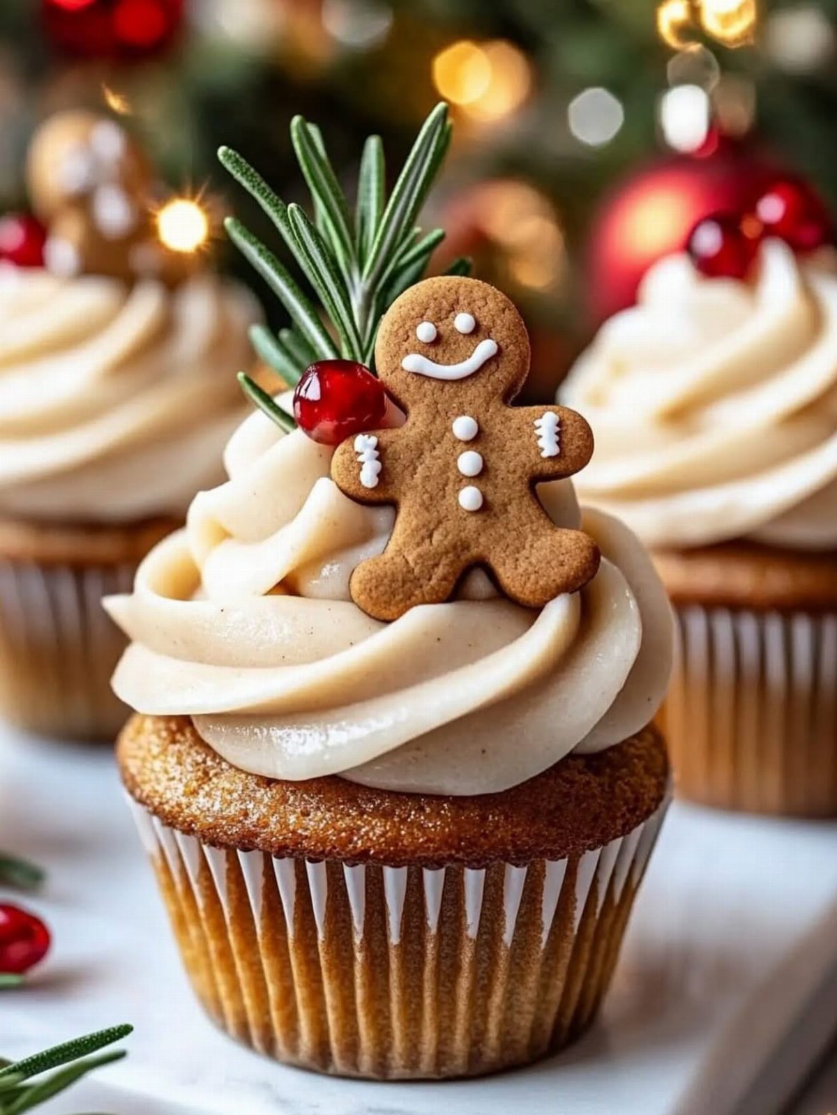 9 Christmas Cupcakes with Santa Hats, Snowmen and Reindeer 9 Gingerbread man cookie decoration on a frosted cupcake with rosemary and red berries.