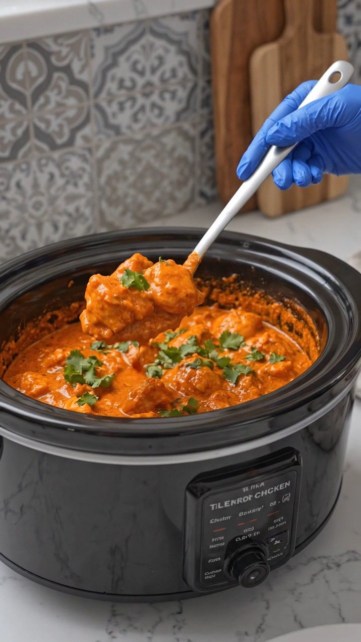 A gloved hand scoops creamy chicken curry with cilantro from a black slow cooker.