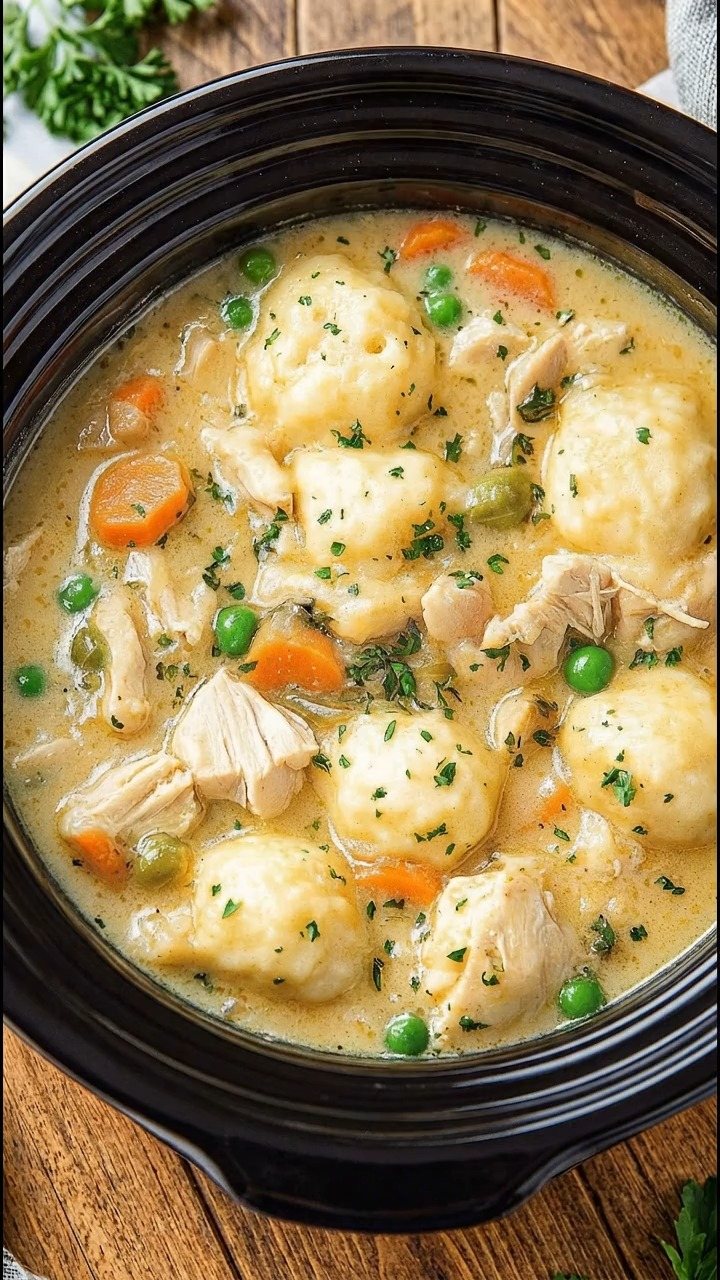 Chicken and dumplings in a creamy broth with carrots and peas inside a black slow cooker.