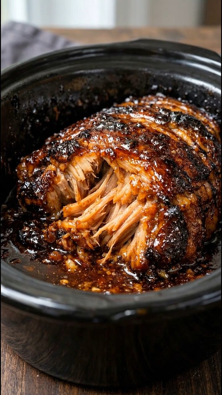 Shredded BBQ pulled pork in a black ceramic slow cooker with dark sauce.