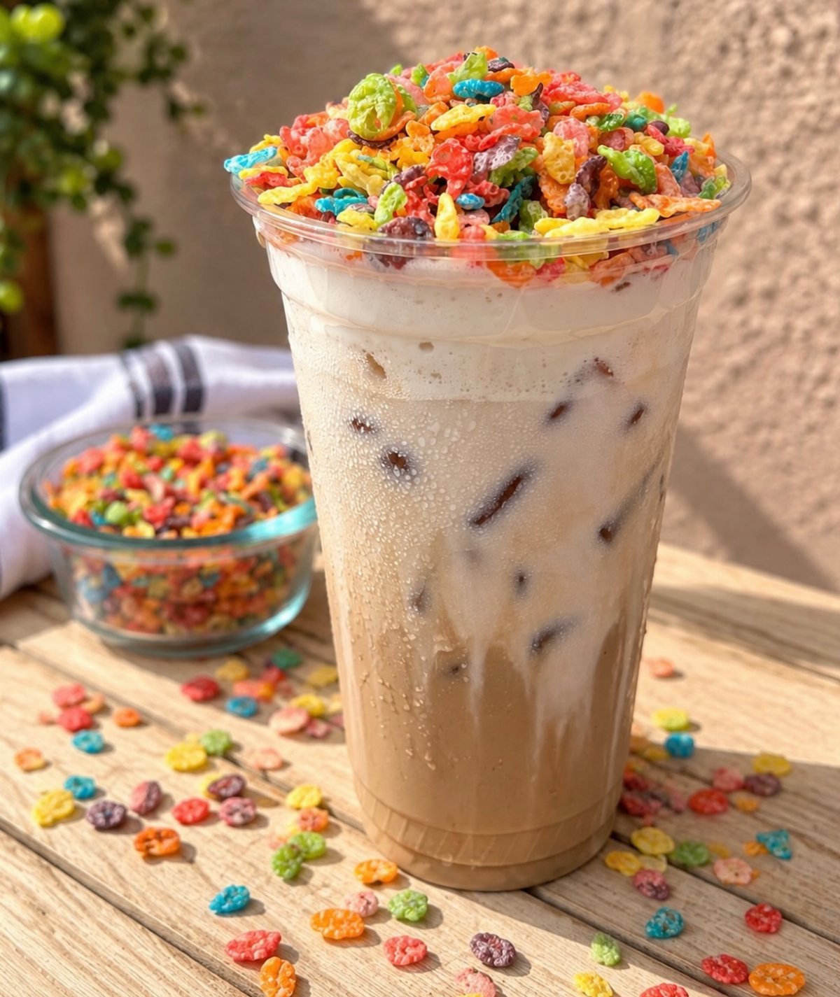 A creamy milkshake topped with colorful Fruity Pebbles cereal in a clear plastic cup on a wooden table.