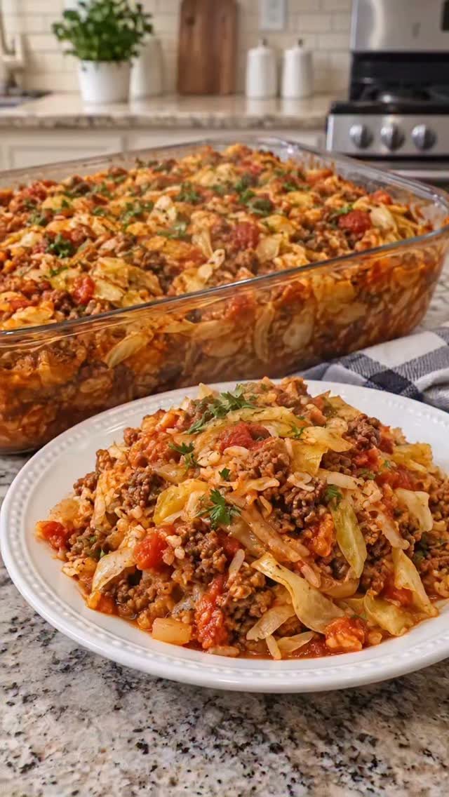 14 Ground Beef Recipes Using Few Ingredients for Low-Stress Weeknights 5 Ground beef cabbage rolls casserole in a glass dish and on a white plate.